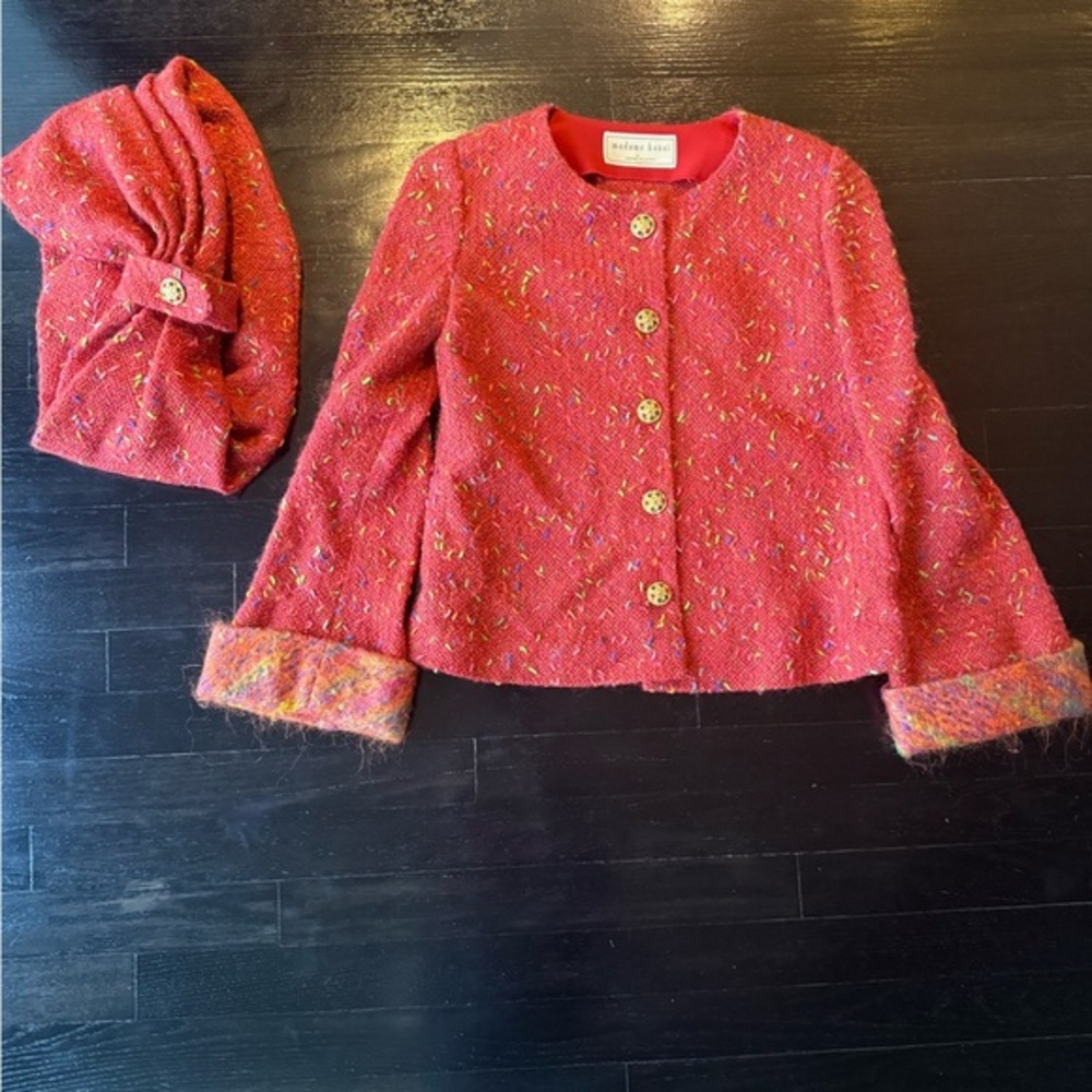 Yukiko Hanai Japan Red Tweed Jacket and scarf Set
